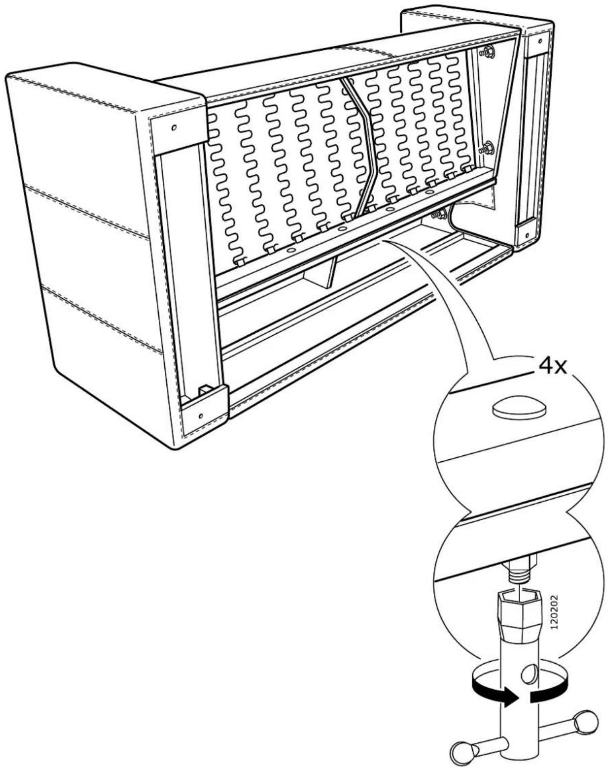 Technical diagram of a mechanical device with spring-loaded housing and a magnified inset showing a 4x ratio adjustment labeled '120202'.