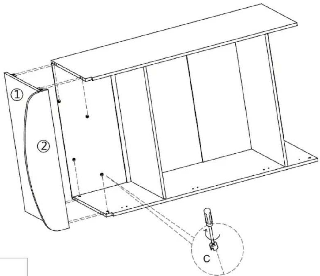 Technical diagram of a mechanical assembly with labeled components and a magnified inset showing a tool labeled 'C'.