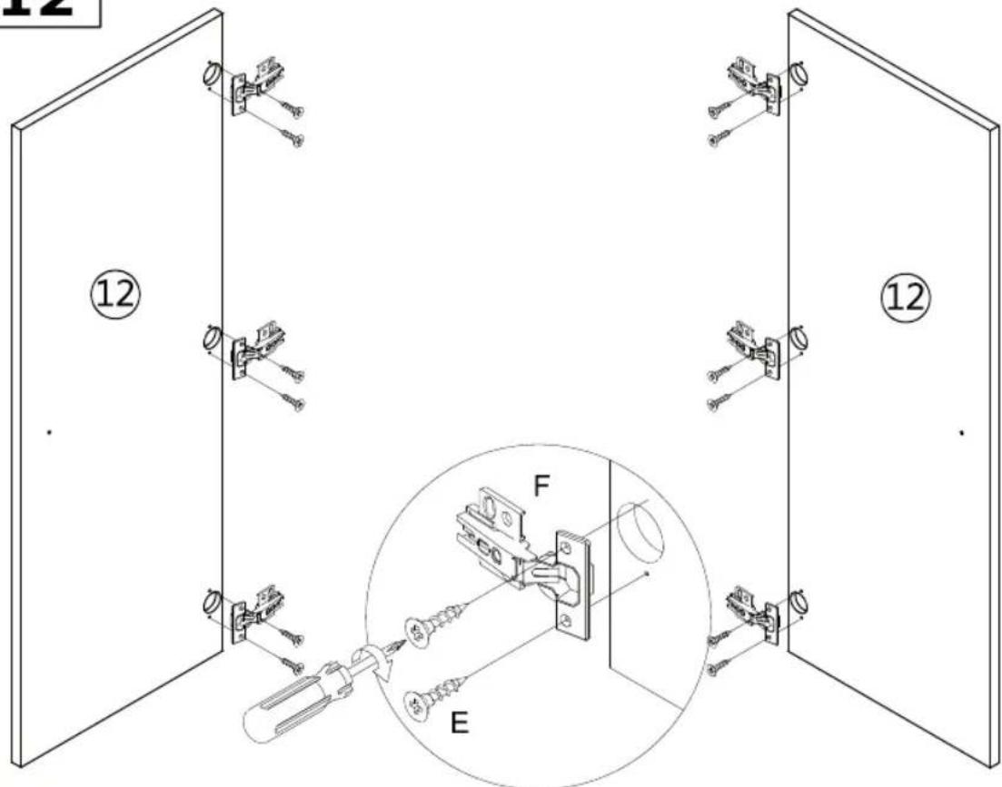 Technical diagram showing mechanical assembly with labeled parts and a magnified inset of a bracket labeled F and E.