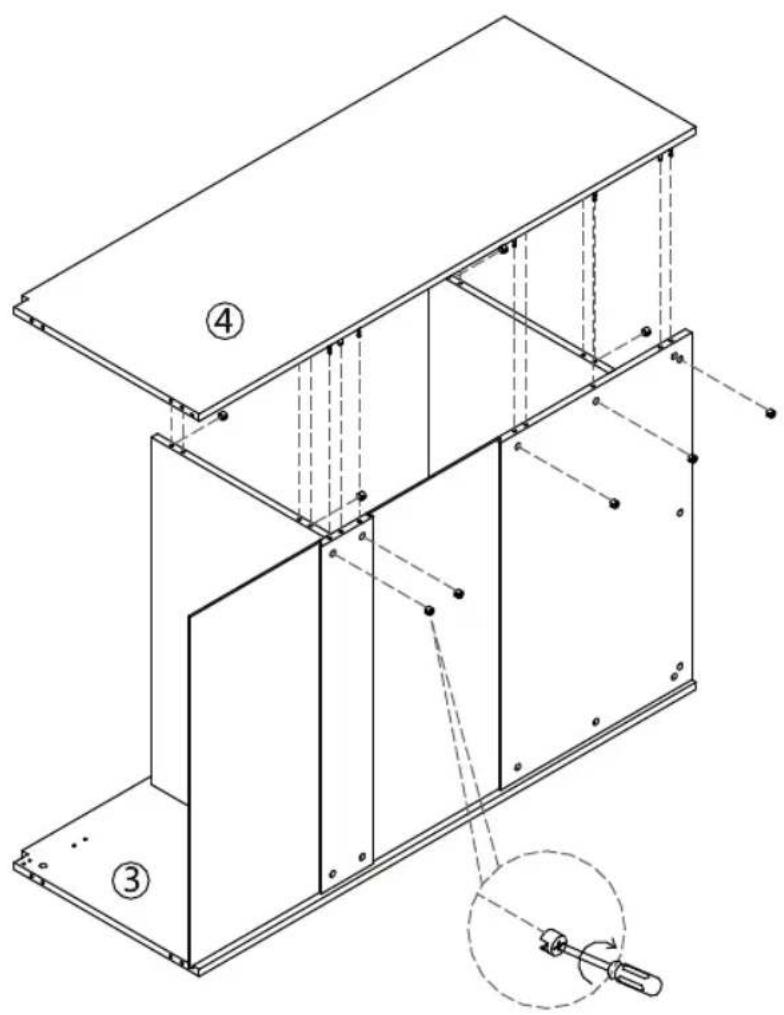 Technical diagram of a structural frame assembly with numbered components and a magnified inset showing a tool interacting with a component.