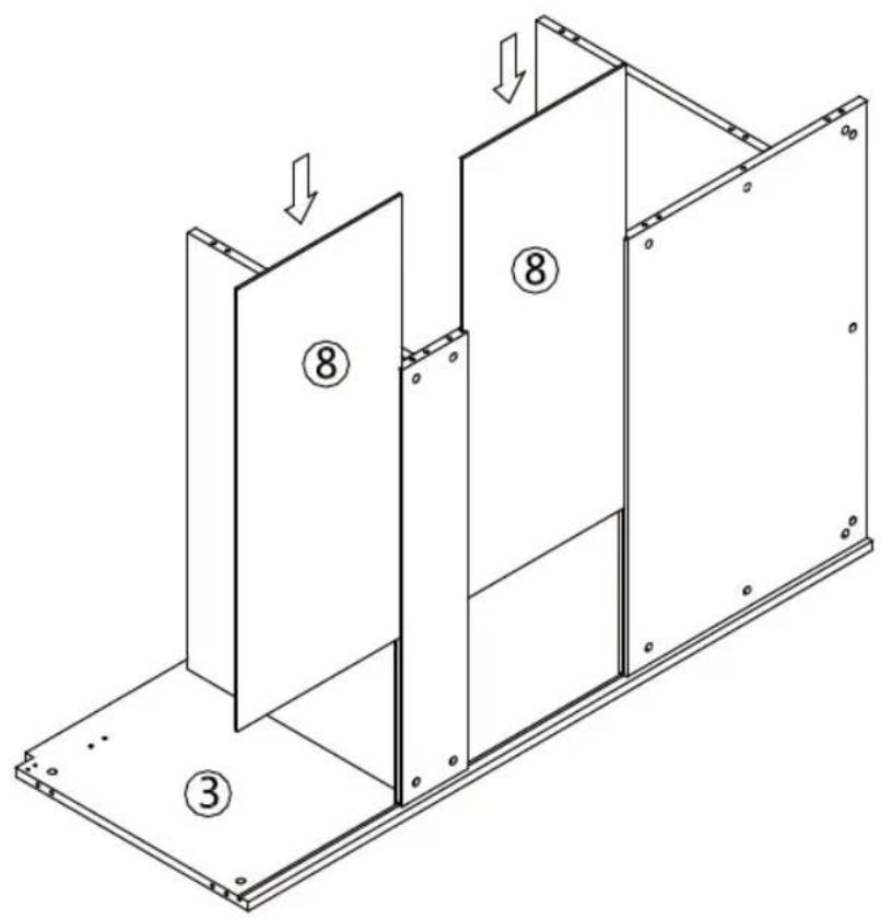 Technical diagram showing a multi-panel assembly with numbered components and directional arrows indicating movement or flow.