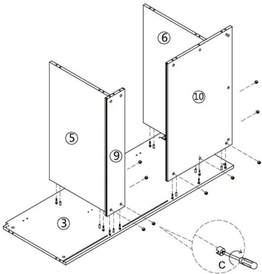 Technical diagram of a mechanical assembly with numbered components and a close-up view labeled 'C'