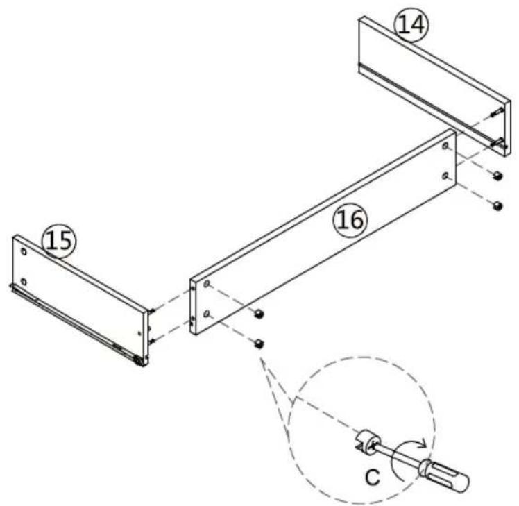 Technical diagram showing a mechanical assembly with numbered components and a close-up of a tool labeled 'C'.