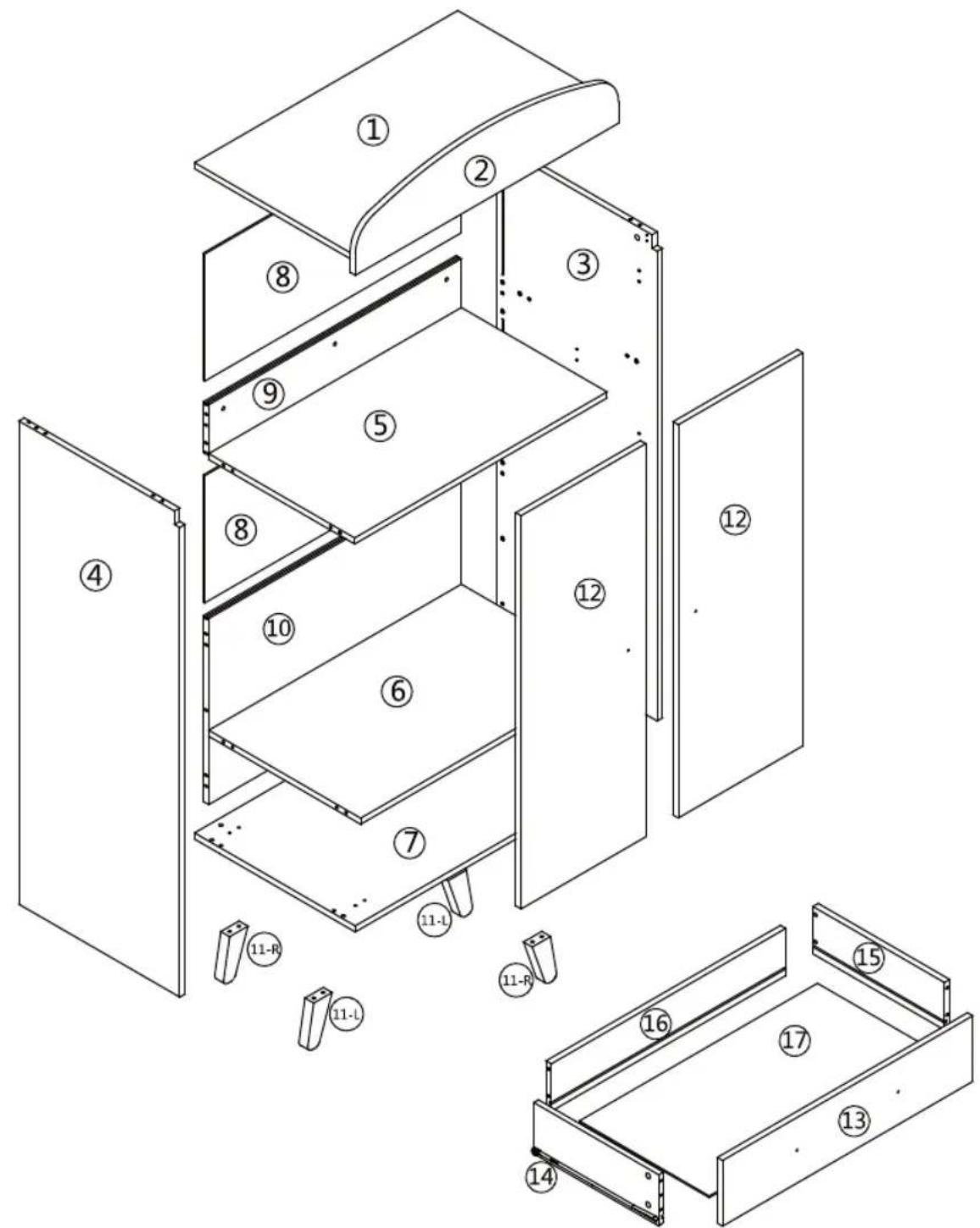 Technical diagram of a multi-level storage or folding cabinet with numbered compartments and labeled parts