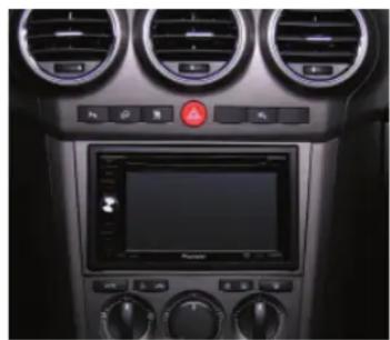Interior view of a car dashboard with air conditioners, a central touchscreen display, and control buttons (no visible text or symbols)