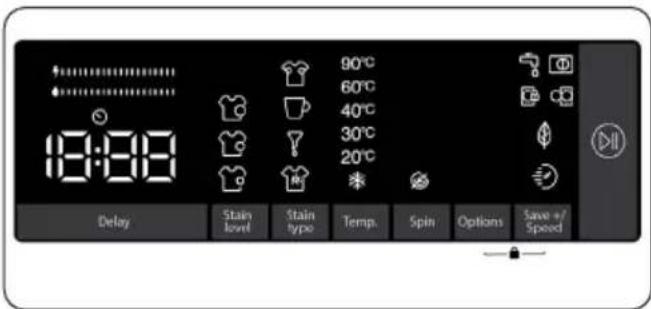 90°C 60°C 40°C 30°C 20°C * Delay Stain level Stain type Temp. Spin Options Save +/Speed