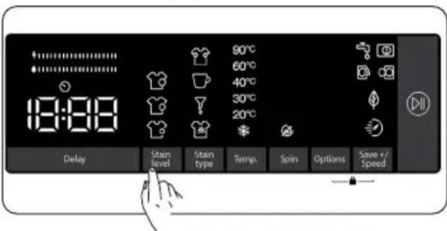 18:00 90°C 60°C 40°C 30°C 20°C Delay Stain level Stain type Temp. Spin Options Save +/Speed