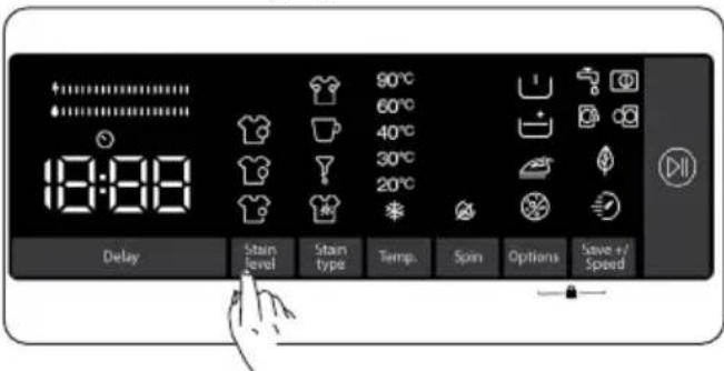 18:00 90°C 60°C 40°C 30°C 20°C Delay Stain Level Stain type Temp. Spin Options Save +/Speed