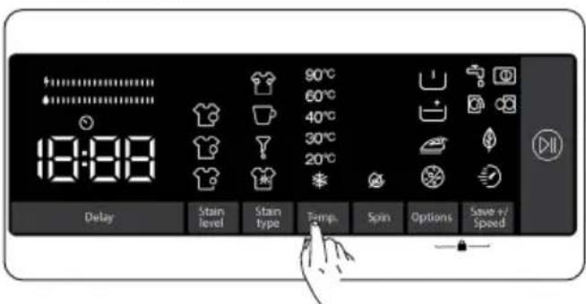 18:00 90°C 60°C 40°C 30°C 20°C Delay Stain level Stain type Temp. Spin Options Save +/Speed