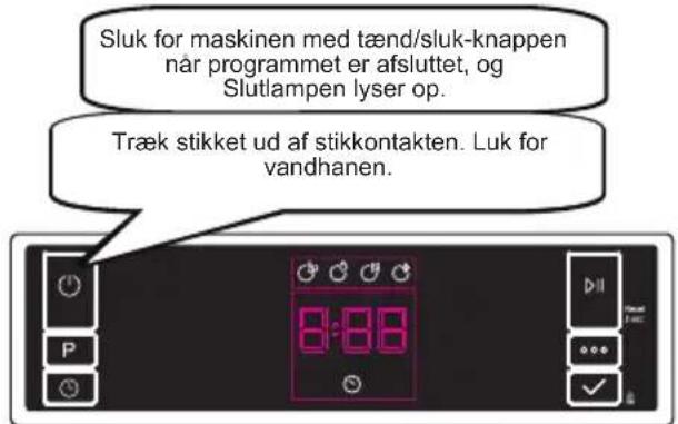 Sluk for maskinen med tænd/sluk-knappen når programmet er afsluttet, og Slutlampen lyser op. Træk stikket ud af stikkontakten. Luk for vandhanen.