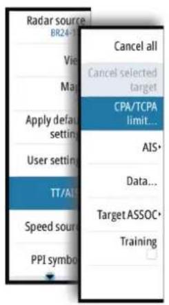 Radar source BR24-10 Cancel all Cancel selected target View Map Apply default setting User setting TT/ALT Speed source PPI symbol CPA/TCPA limit... AIS+ Data... Target ASSOC Training