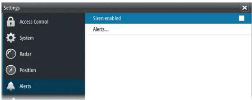 Settings Access Control System Radar Position Alerts Siren enabled Alerts...
