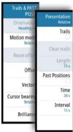 Trails & PAST POST Orientation Heading Motion mode Relative Reset offset Offset Vector Cursor bearing Relative Brilliance Presentation Relative Trails Clear trails Length 15 s Past Positions Time 30 s Interval 15 s