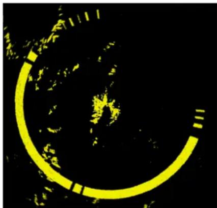 Circular yellow graphic with segmented arcs on black background, no text or symbols present