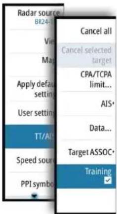 Radar source RR24-1 Cancel all View Cancel selected target Map CPA/TCPA limit... Apply default setting AIS* User setting Data... TT/ACC Target ASSOC* Speed source Training PPI symbol