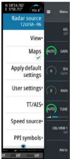 N 58°24.782' E 5°59.717' Radar source 12U/6X-96 View Maps Apply default settings User settings TT/AIS Speed source PPI symbols Menu AIS OFF AUTO GAIN SEA Calm 0 0 RAIN AUTO TUNE EBL/VRM 1 Off Alerts