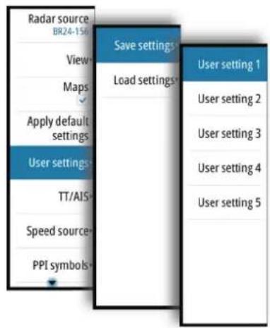 Radar source BR24-156 View Maps Apply default settings User settings TT/AIS Speed source PPI symbols Save settings Load settings User setting 1 User setting 2 User setting 3 User setting 4 User setting 5