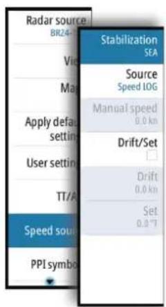 Radar source BR24- Stabilization SEA View Source Speed LOG Main Manual speed 0.0 km Apply default setting Drift/Set User setting Drift TI/A Set 0.0 °F Speed source PPI symbol