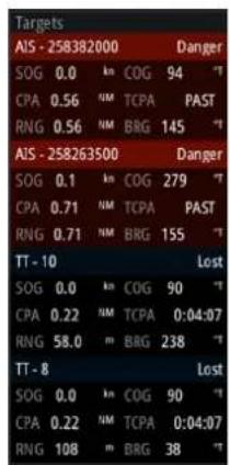 Targets AIS - 258382000 Danger SOG 0.0 km COG 94 CPA 0.56 NM TCPA PAST RNG 0.56 NM BRG 145 AIS - 258263500 Danger SOG 0.1 km COG 279 CPA 0.71 NM TCPA PAST RNG 0.71 NM BRG 155 TT - 10 Lost SOG 0.0 km COG 90 CPA 0.22 NM TCPA 0:04:07 RNG 58.0 m BRG 238 TT - 8 Lost SOG 0.0 km COG 90 CPA 0.22 NM TCPA 0:0…
