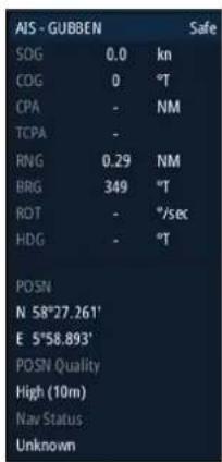 AIS - GUBBEN SOG 0.0 kn COG 0 °T CPA - NM TCPA - RNG 0.29 NM BRG 349 °T ROT - */sec HDG - °T POSN N 58°27.261' E 5°58.893' POSN Quality High (10m) Nav Status Unknown