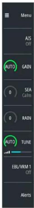 Menu AIS Off AUTO GAIN 0 SEA Calm 0 RAIN AUTO TUNE ... EBL/VRM 1 Off Alerts