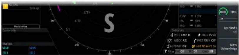 ABS TNS 2000 MP 3/10 4/10 7/10 8:5W B CTW CPA TCPN RNG R SWS AUTO TUNE EBL/VRM 1 (Off) Alerts history Sensor info Market VRM1 VRM2 EBL1 EBL2 Indicators VECT 3 min R TRAIL 15 s R ASSOC AIS PAST POSN OFF AUTO ACT ON Last AIS alert on Filter OFF STO OFF Over Off