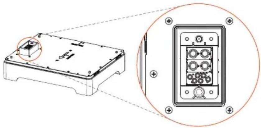 Technical diagram showing a device housing with an inset close-up of its internal components (no text or symbols present)