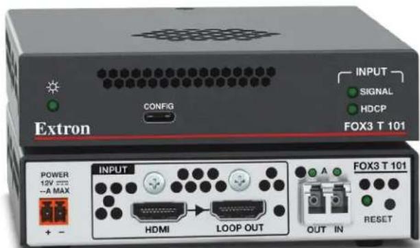Extron CONFIG INPUT SIGNAL HDCP FOX3 T 101 POWER 12V MAX ~A MAX + - INPUT HDMI LOOP OUT A OUT IN RESET FOX3 T 101