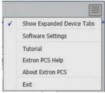 Show Expanded Device Tabs Software Settings Tutorial Extron PCS Help About Extron PCS Exit