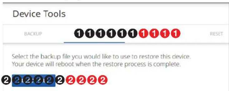 Device Tools BACKUP ①①①①①①①①① RESET Select the backup file you would like to use to restore this device. Your device will reboot when the restore process is complete. ②②②②②②②②②②