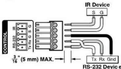 CONTROL IR RS-232 TX Rx G S G 3/16" (5 mm) MAX. IR Device S G Tx Rx Gnd RS-232 Devic e