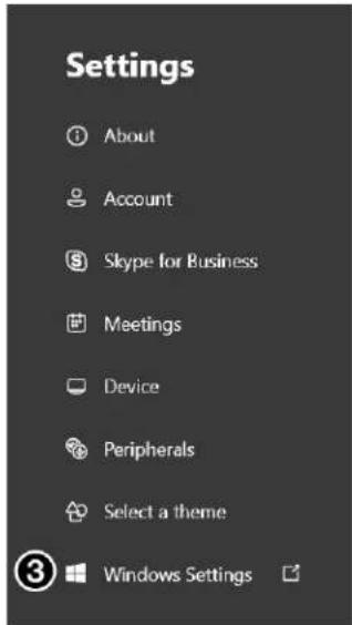 Settings About Account Skype for Business Meetings Device Peripherals Select a theme Windows Settings