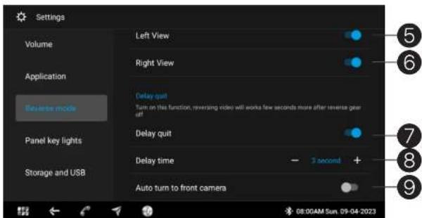 Settings Volume Application Reverse mode Left View Right View Delay quit Turn on this function, reversing video will works few seconds more after reverse gear out Panel key lights Delay quit Delay time 3 second + Storage and USB Auto turn to front camera 08:00AM Sun 09-04-2023