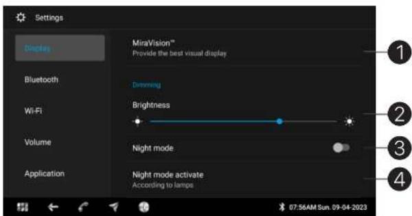 Settings Displays Bluetooth Wi-Fi Volume Application MiraVision™ Provide the best visual display Dimming Brightness Night mode Night mode activate According to lamps 07:56AM Sun. 09-04-2023