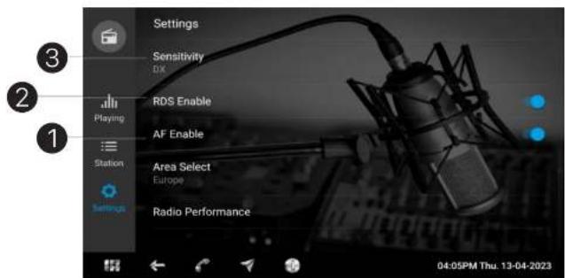 Settings Sensitivity D:\K RDS Enable AF Enable Area Select Europe Radio Performance Playing Station Settings 04:05PM Thu. 13-04-2023