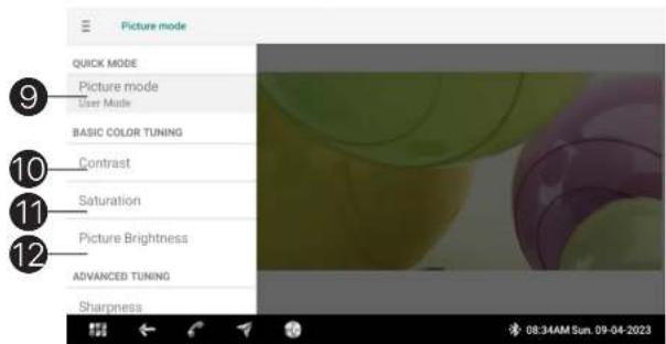 Picture mode QUICK MODE Picture mode User Mode BASIC COLOR TUNING Contrast Saturation Picture Brightness ADVANCED TUNING Sharpness 08:34AM Sun. 09-04-2023