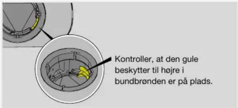 Kontroller, at den gule beskytter til højre i bundbrønden er på plads.