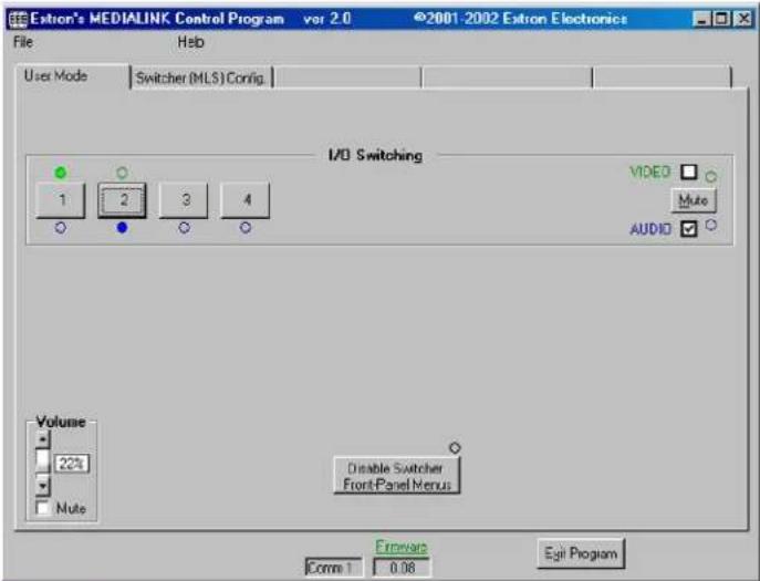 Extron's MEDIALINK Control Program vor 2.0 @2001-2002 Extron Electronics File Help User Mode Switcher (MLS) Config. I/O Switching VIDEO Mute AUDIO Volume Disable Switcher Front-Panel Menus Note Error Comm 1 0.08 Edit Program