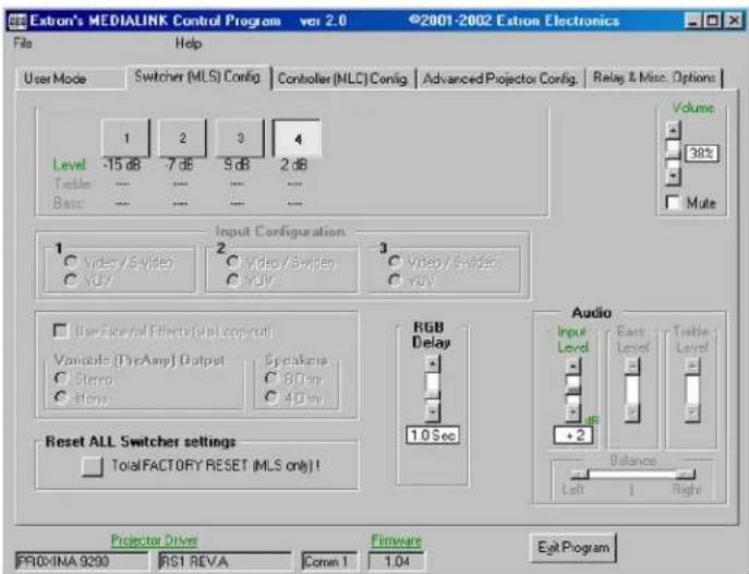 Extron's MEDIALINK Control Program ver 2.0 ©2001-2002 Extron Electronics File Help User Mode Switcher (MLS) Config Controller (MLC) Config Advanced Projector Config Relay & Misc. Options Level 1 2 3 4 Table -15 dB 7 dB 9 dB 2 dB Base ... ... ... ... Input Configuration Video/Video Video/Video Video/Swideo VDD VDD VDD Use External Effects (Vdc copyout) Variable [PreAmp] Output Speakers Stereo 80 m Mega 40 m Reset ALL Switcher settings Total FACTORY RESET (MLS only)! Audio Input Level East Level Table Level +2 Balance Left Right Projector Driver Firmware Exit Program PRO-XINA 9200 RS1 REVA Comm 1 1.04