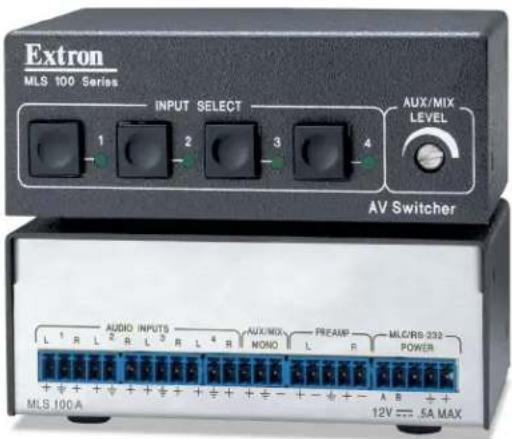 Extron MLS 100 Series INPUT SELECT AUX/MIX LEVEL 1 2 3 4 AV Switcher L¹ R L² R L³ R L⁴ R L⁵ R AUDIO INPUTS AUX/MIX PREAMP MLC/RB-232 NONO L R POWER + + + + + + + + + - + - + - A B + MLS 100 A 12V 5A MAX