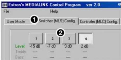 Extron's MEDIALINK Control Program ver 2.0 File Help User Mode Switcher (MLS) Config. Controller (MLC) Config. Level 1 2 3 4 Tble -15 dB -7 dB 9 dB 2 dB Bass .... .... .... ....