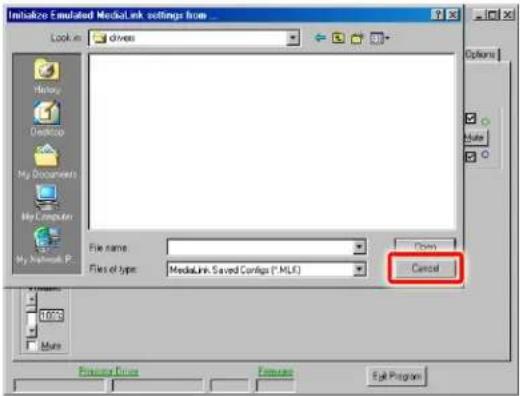 Initiatezo Emulated MediaLink settings from ... Look in Holding Desktop My Documents My Computer My Network F: File name: Files of type: MediaLink: Saved Configs (*.MLK) Down Cancel Preview Options Feature Exit Program