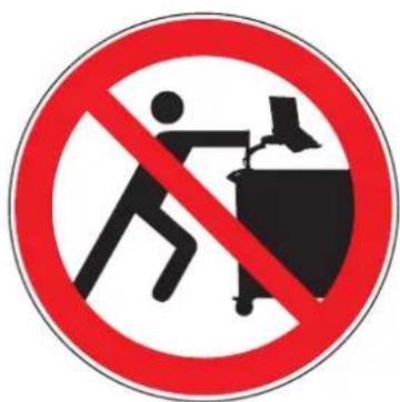 Prohibition sign with pictogram of a person using a device to stop a trash bin, no text present