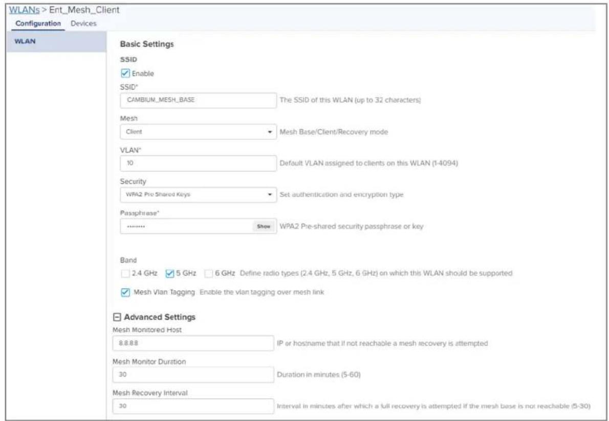 WLANs > Ent_Mesh_Client Configuration Devices WLAN Basic Settings SSID Enable SSID* CAMBIUM_MESH_BASE The SSID of this WLAN (up to 32 characters) Mesh Client Mesh Base/Client/Recovery mode VLAN* 10 Default VLAN assigned to clients on this WLAN (1-4094) Security WPA2 Pre Shared Keys Set authenticatio…