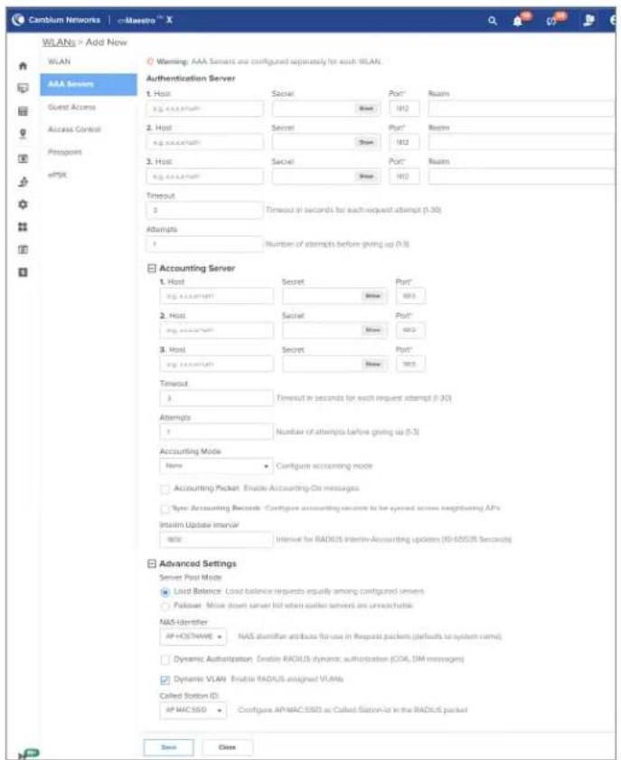 CAMBIUM Networks WLAN = Add Now WLAN Warning: AAA Servers are configured separately to each WLAN. Authentication Server 1. Host 2. Host 3. Host Timeout Attempts Accounting Server 1. Host 2. Host 3. Host Timeout Attempts Accounting Mode Name Accounting Packet Enable Accounting-Di messages Type: Accou…