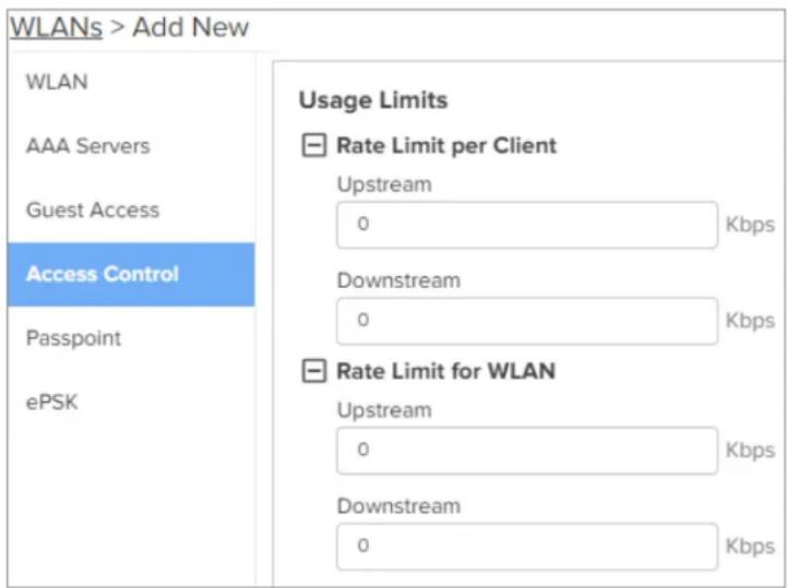 WLANs > Add New WLAN AAA Servers Guest Access Access Control Passpoint ePSK Usage Limits Rate Limit per Client Upstream 0 Kbps Downstream 0 Kbps Rate Limit for WLAN Upstream 0 Kbps Downstream 0 Kbps