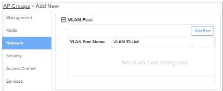 AP Groups > Add New Management Radio Network Security Access Control Services VLAN Pool Add New VLAN Pool Name VLAN ID List No VLAN Pool configured