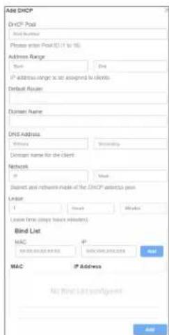 Add DHCP DHCP Pool Add Number Please enter Post ID (1 to 5) Address Range: Test End IP address range is set assigned to clients Default Request Domain Name DNS Address Windows Security Domain name for the client Network IP Mail Report and network mode of the DHCP address press Linker 1 New Web Leave…