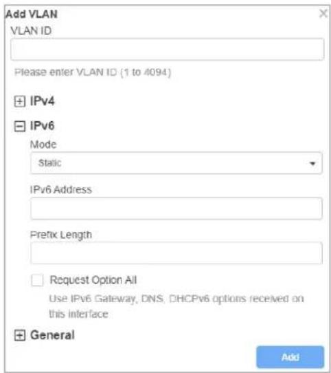 Add VLAN VLAN ID Please enter VLAN ID (1 to 4094) IPv4 IPv6 Mode: Static IPv6 Address Prefix Length Request Option All Use IPv6 Gateway, DNS, DHCPv6 options received on this interface General Add