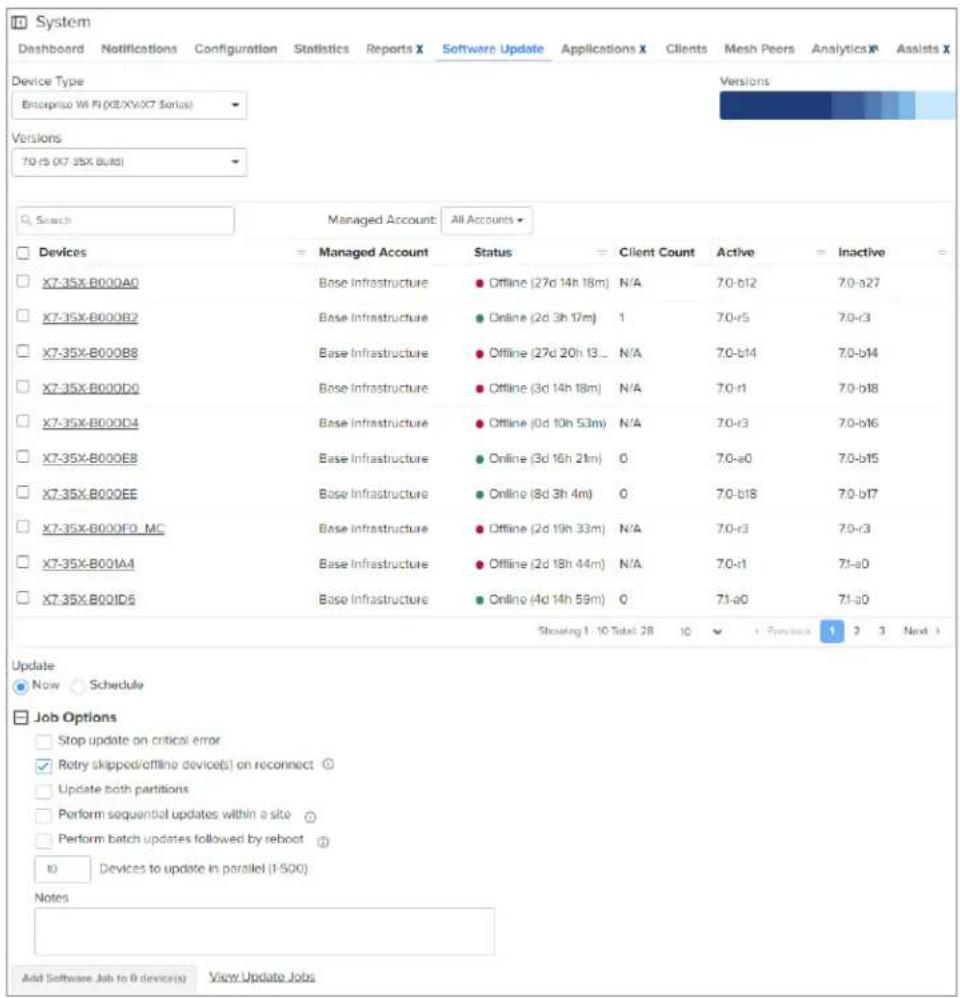 System Dashboard Notifications Configuration Statistics Reports X Software Update Applications X Clients Mesh Peers Analytics X Assists X Device Type Enterprise Wi-Fi (XB/XV/X7 Sonus) Versions 79-F5 (X7-35X Build) Search Managed Account: All Accounts ▼ Devices Managed Account Status Client Count Act…